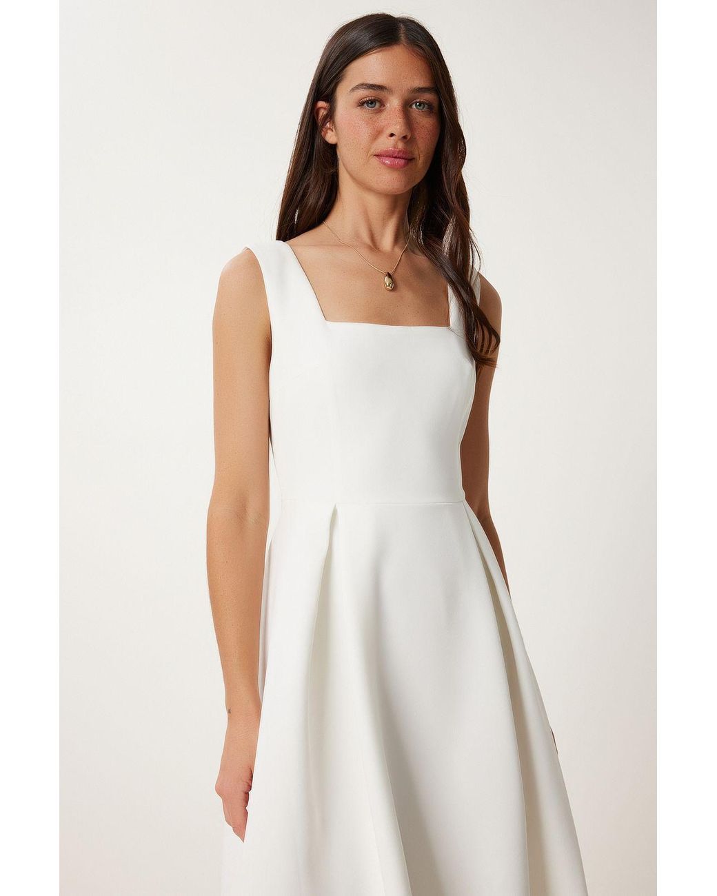 Happiness İstanbul White Square Collar A-Form Midi Dress With Zipper Closure