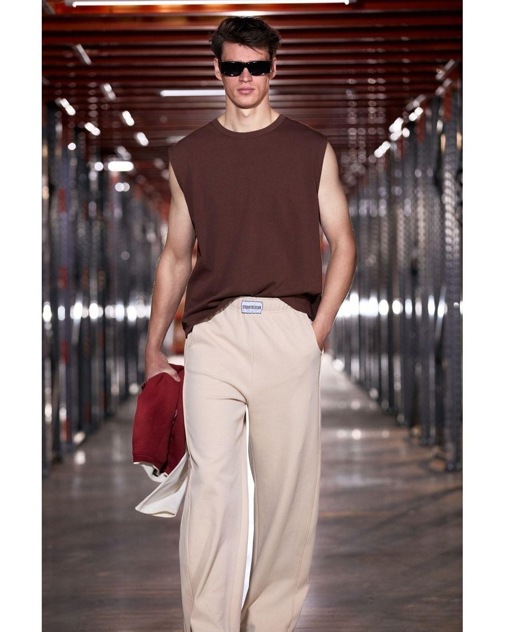 Grimelange Brown Wide Leg Plain Joggers for men