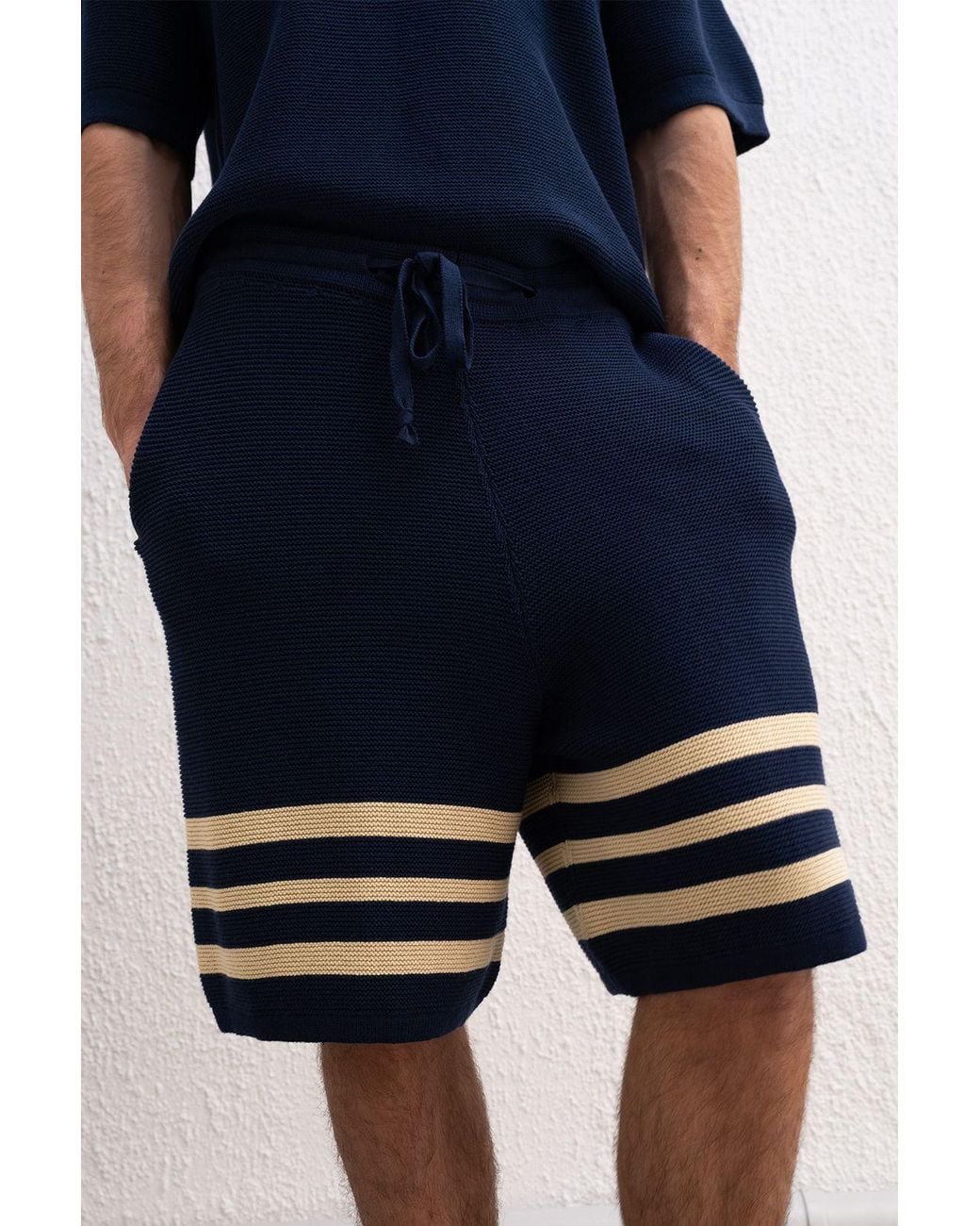 Giesto Blue Striped Cotton Jersey Shorts for men