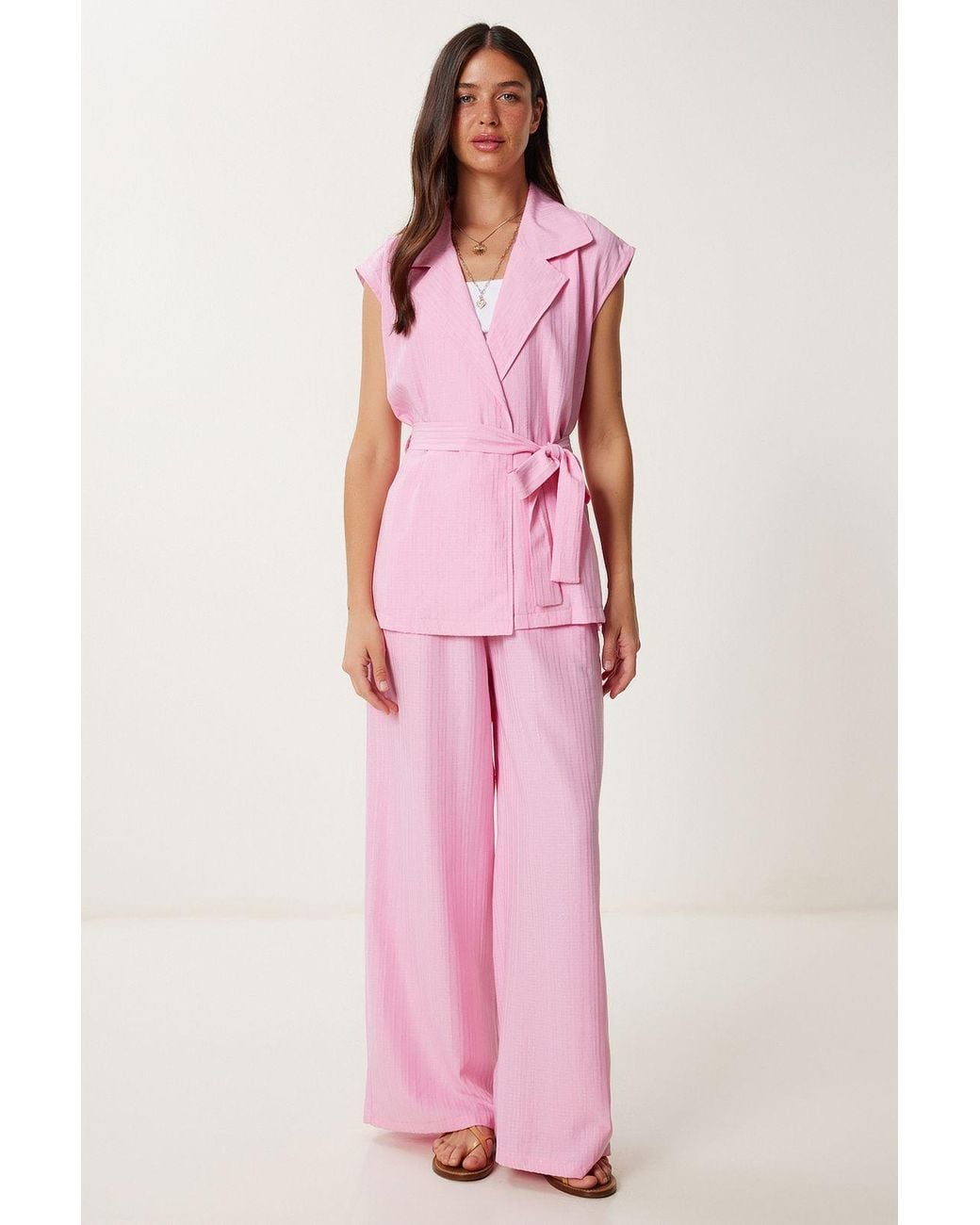 Happiness İstanbul Pink High Waist Two-Piece Set With Shirt Collar And Wide Leg Pants