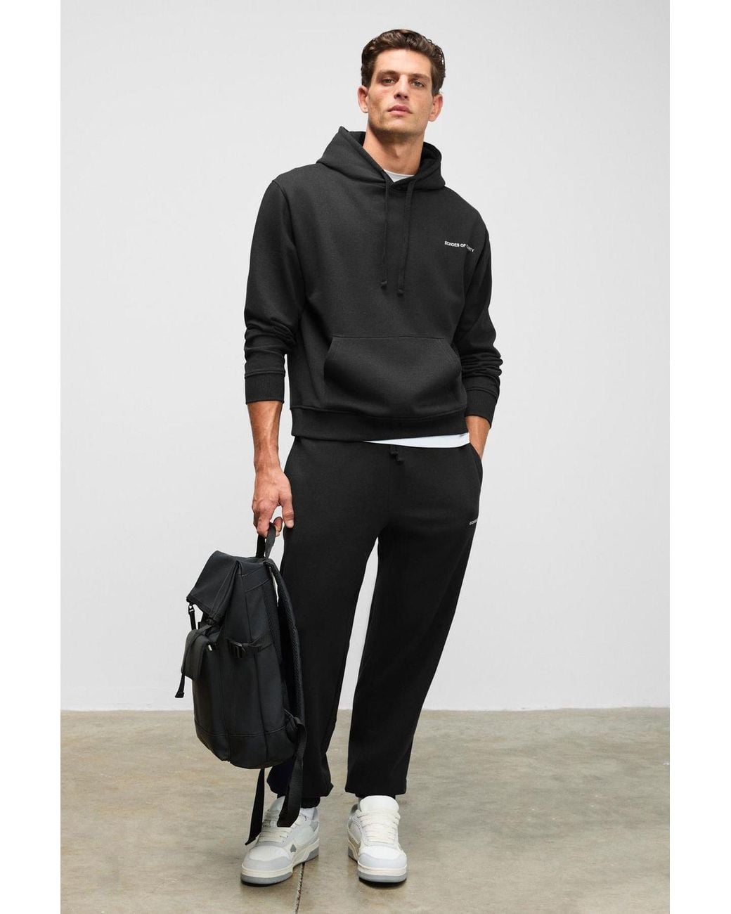 Grimelange Black Hooded Relaxed Sweatshirt Pants Set for men