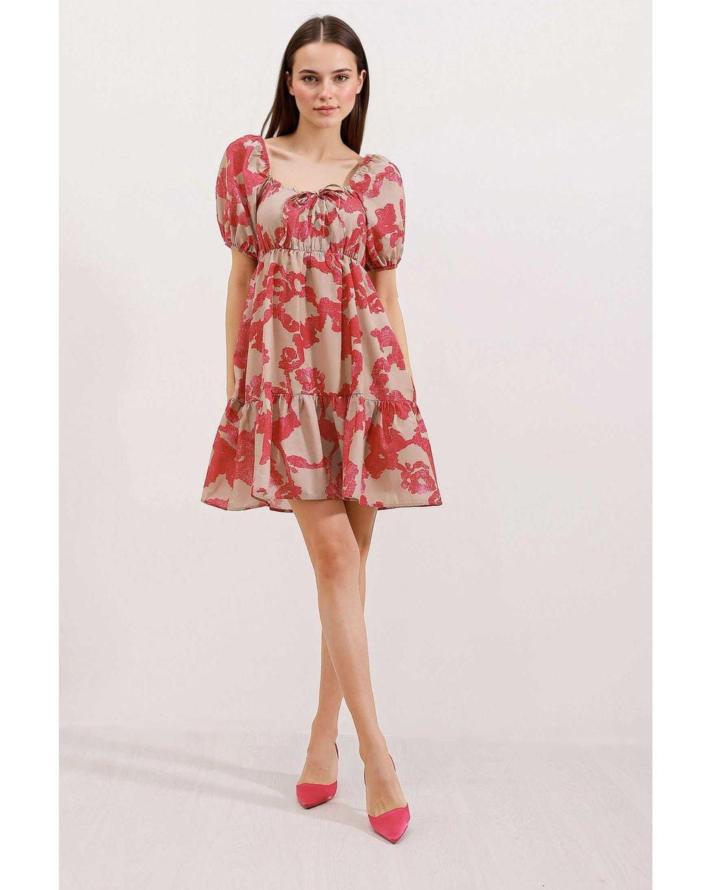 Bigdart Red Square Neck A-Form Mini Dress With Bow