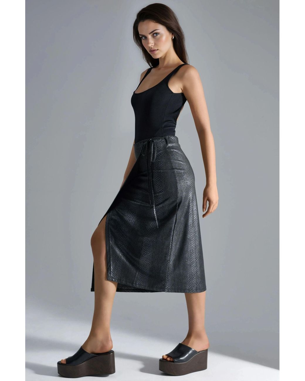 Busem Gray Faux Leather Midi Skirt With Bow Detail