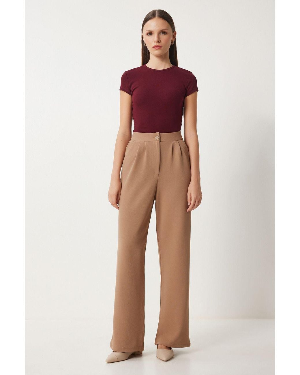 Happiness İstanbul Red High Waist Pleated Wide Leg Pants