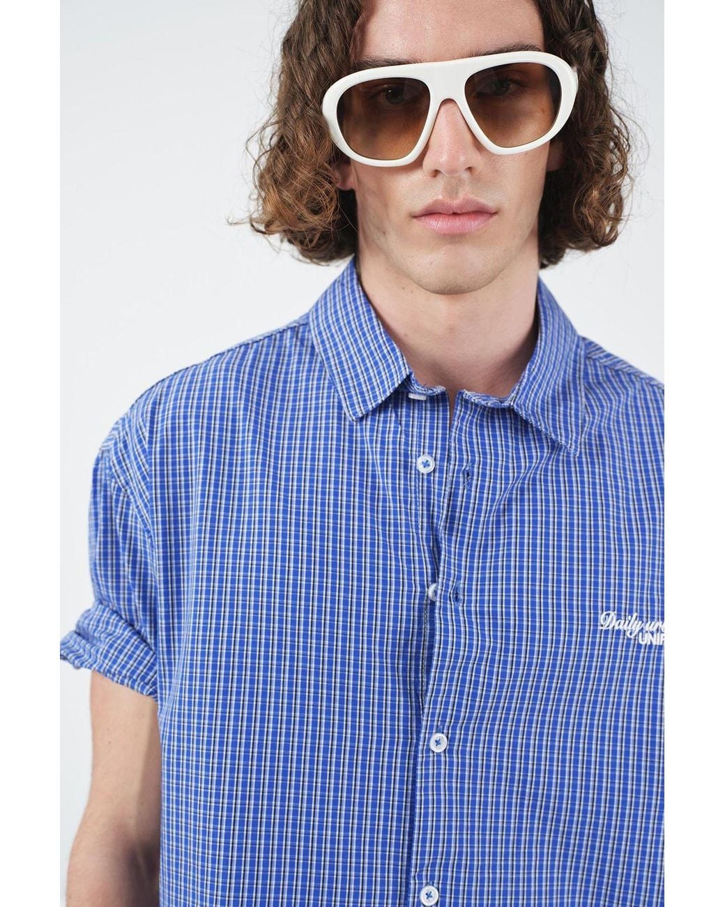 Giesto Blue Casual Plaid Button-Up Short Sleeve Shirt for men