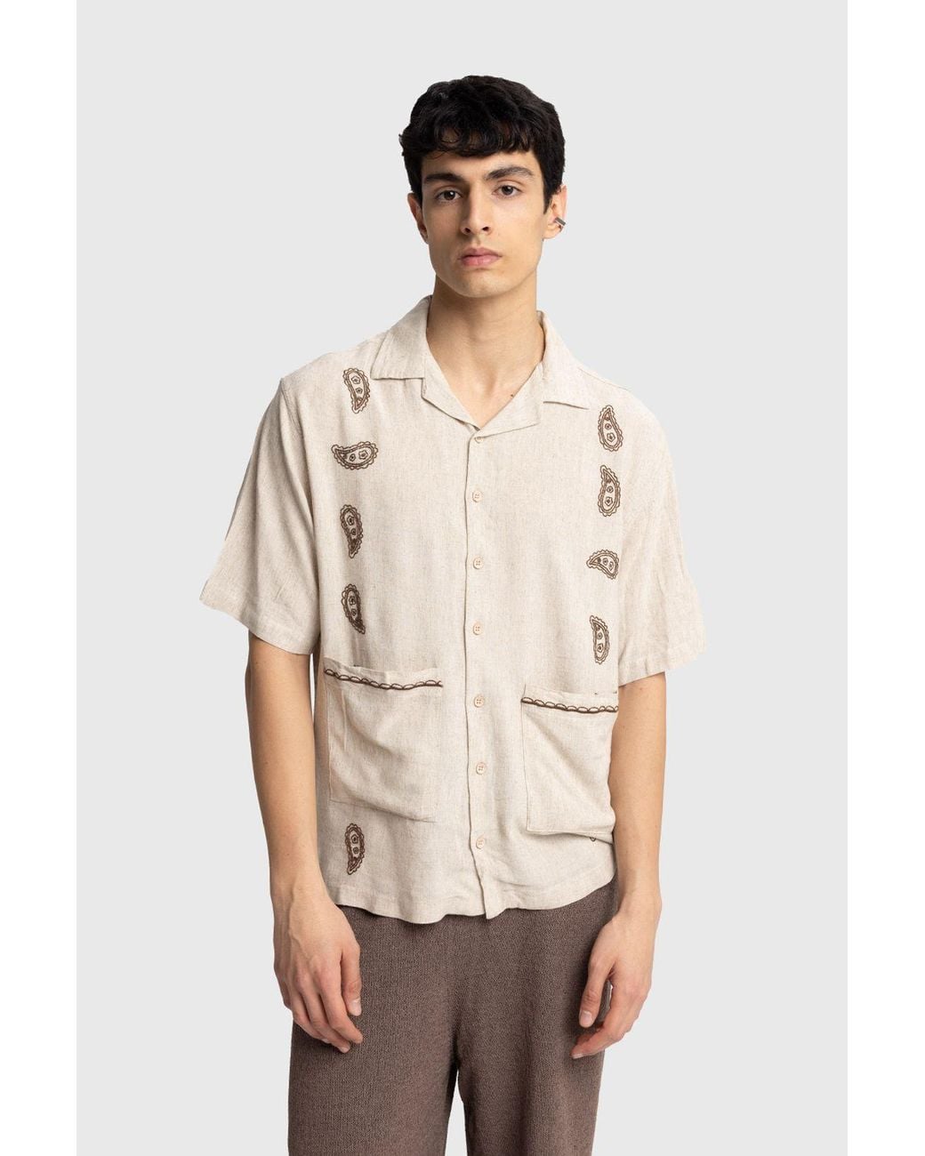 Giesto Natural Cotton Embroidered Poplin Short Sleeve Shirt for men
