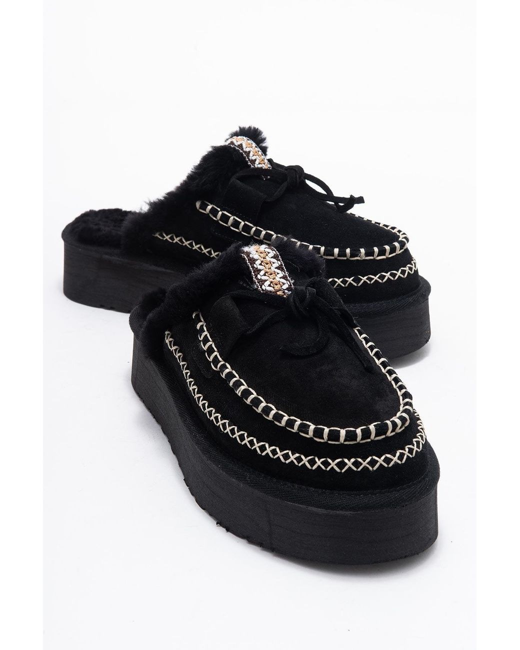 Forever & Always Shoes Yalina Leren Platform Mocassin Pantoffels in het Black