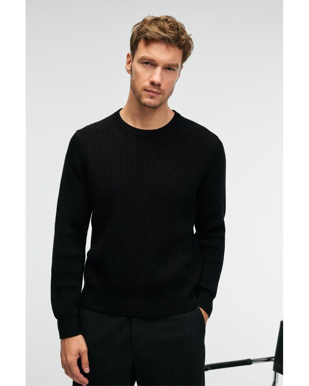 Grimelange Black Crew Neck Ribbed Fine Knit Jumper for men