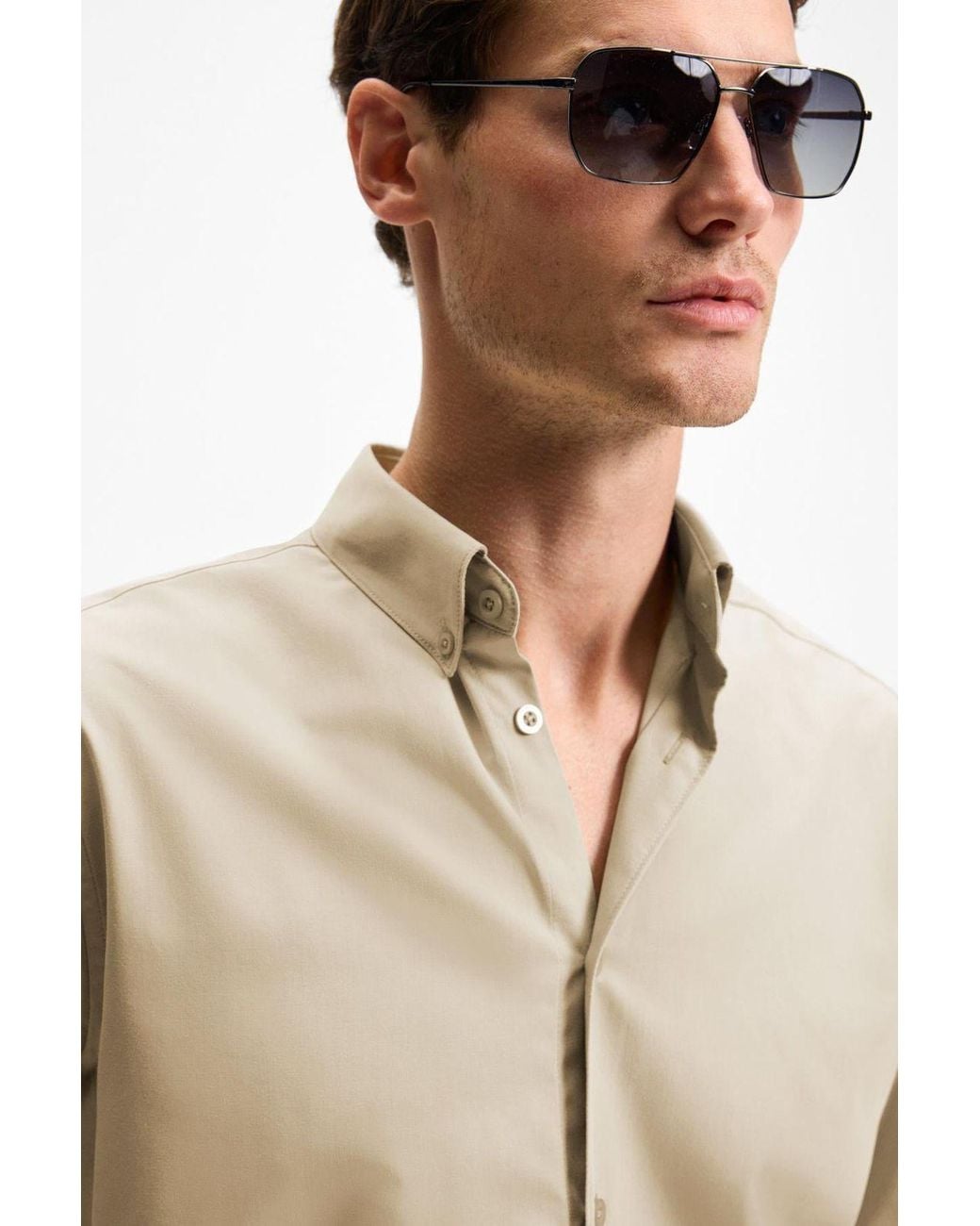 Grimelange Blue Button Collar Poplin Shirt for men