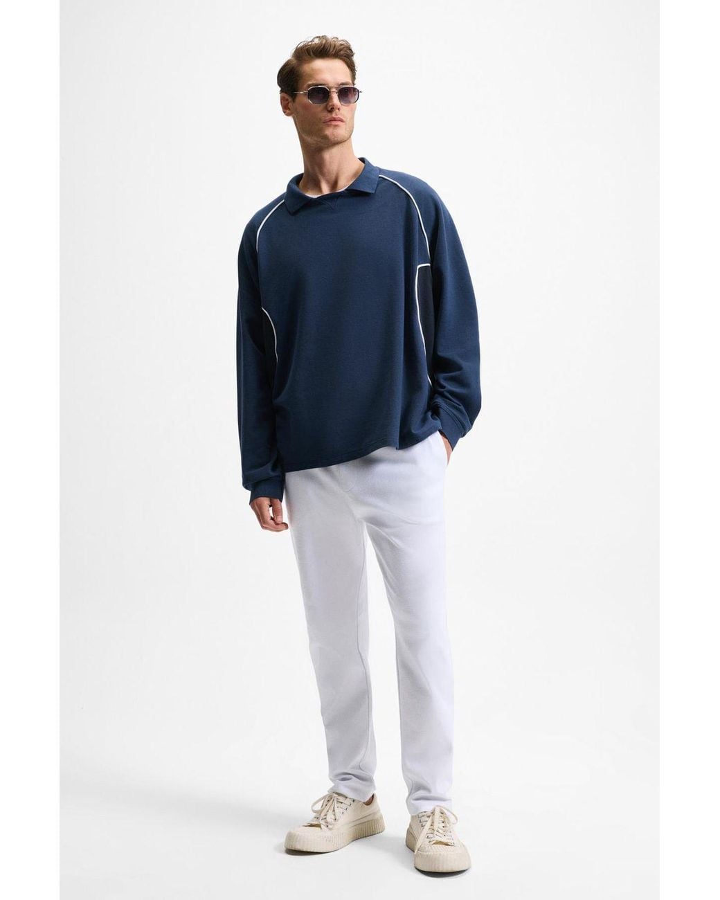 Grimelange White Relaxed Long Drawstring Joggers for men