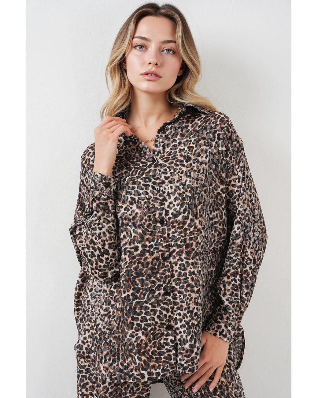 Bigdart Gray Leopard Print Button-Up Shirt And Wide Leg Pants Satin Two-Piece Set