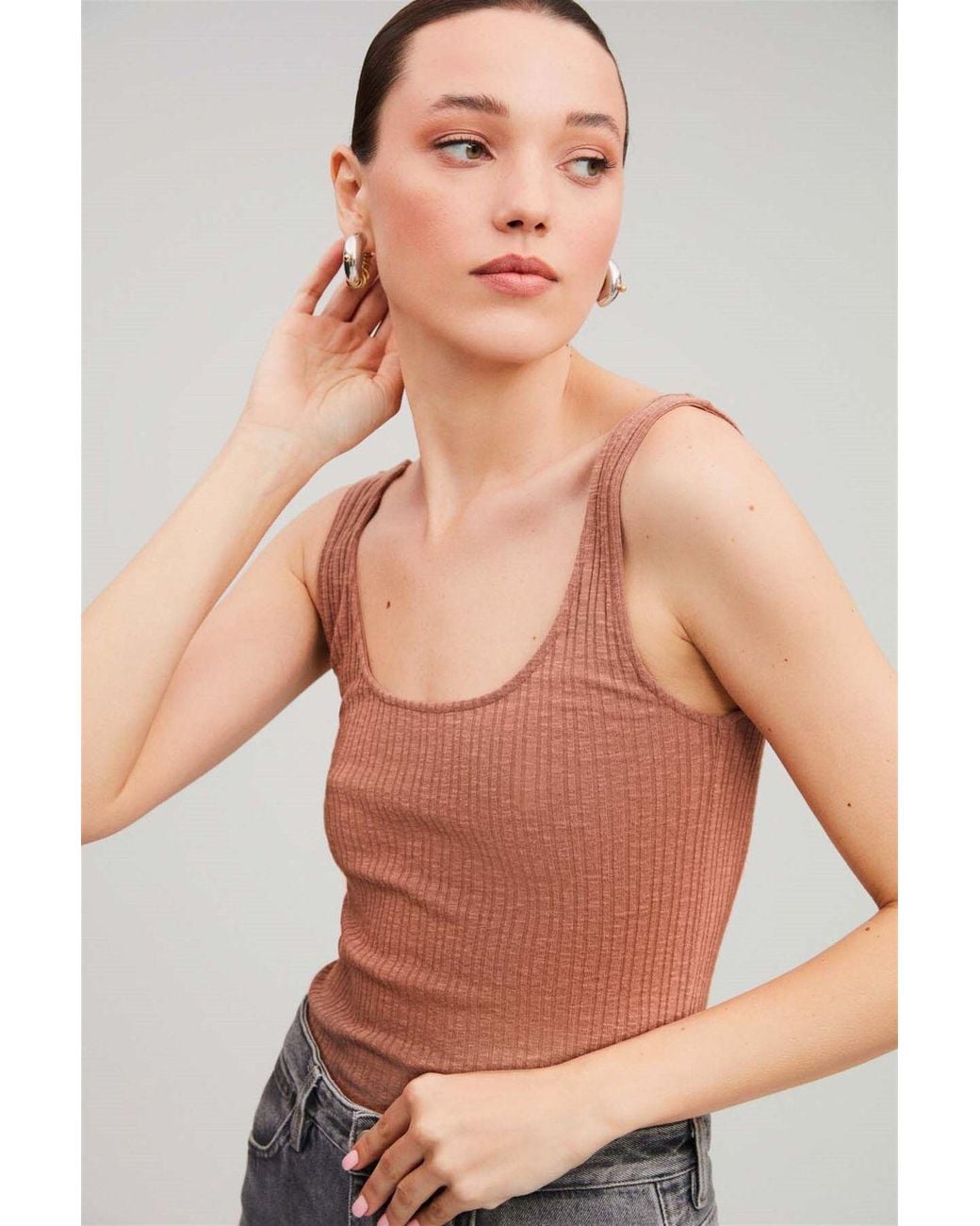 Grimelange Blue Ribbed U-Neck Cami Tank Top