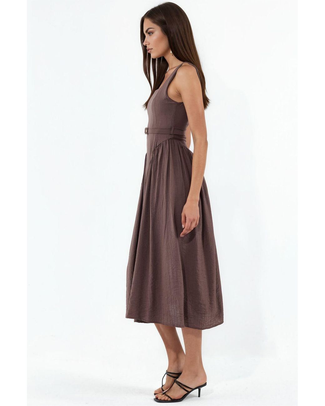 Busem Brown Square Collar Belted Midi Dress