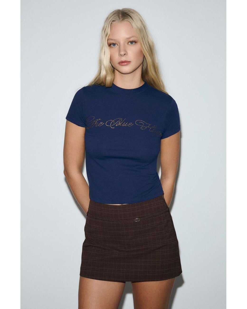 Grimelange Blue Printed Crop Crew Neck T-Shirt
