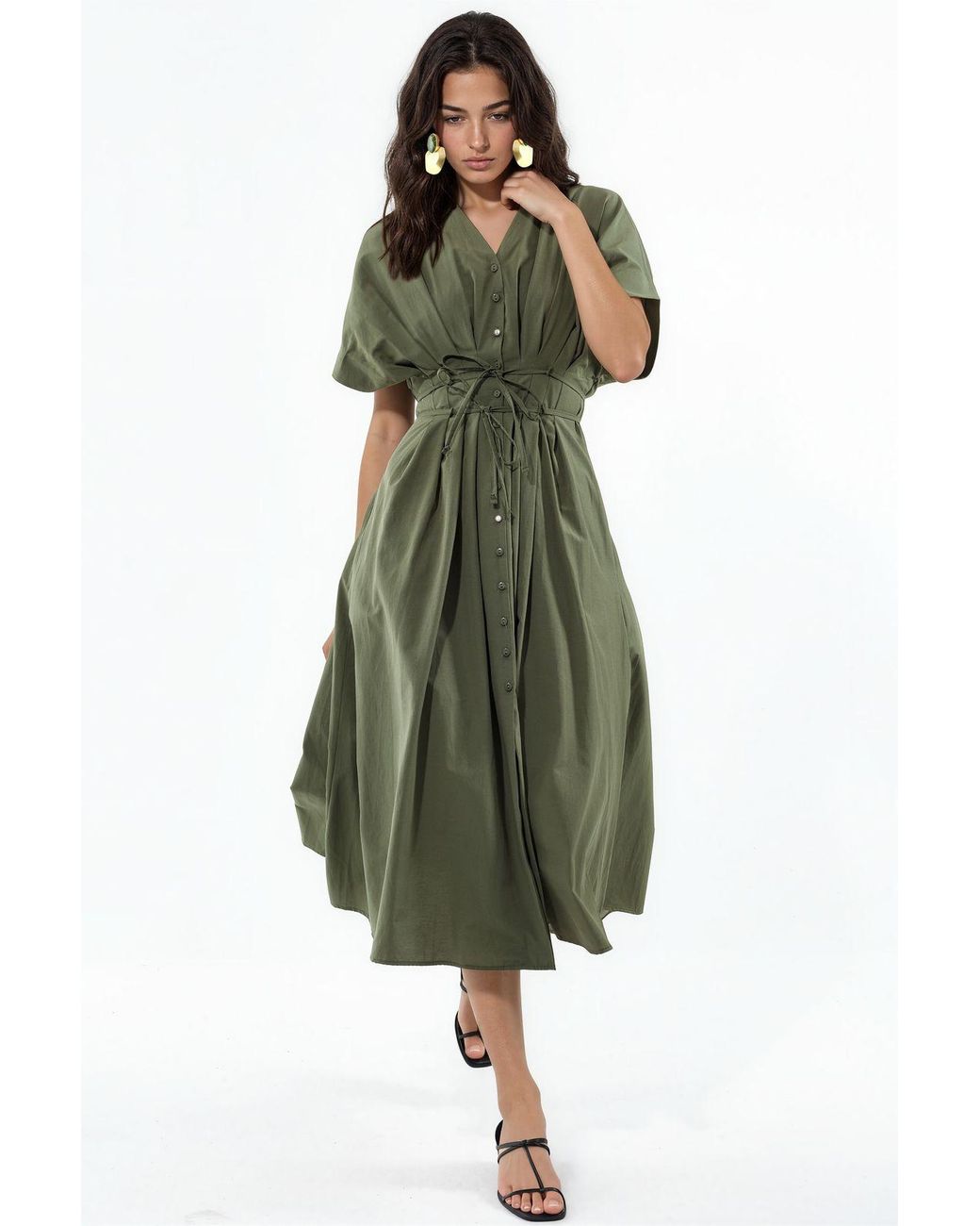 Busem Green Casual V-Neck Midi Shirt Dress