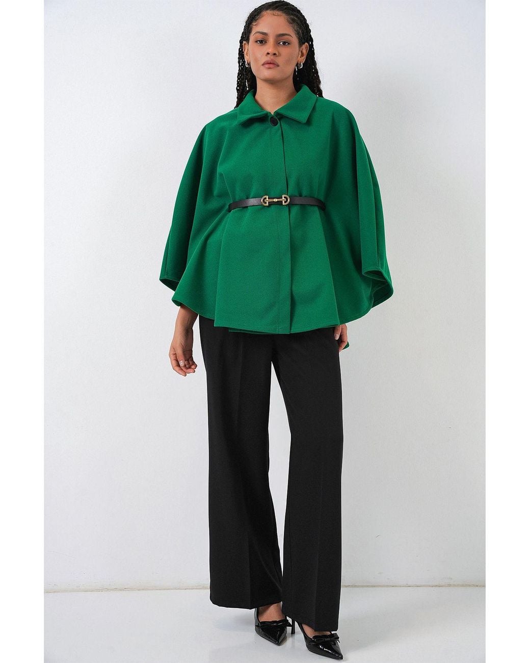 Bigdart Green Belted Tweed Cape Coat