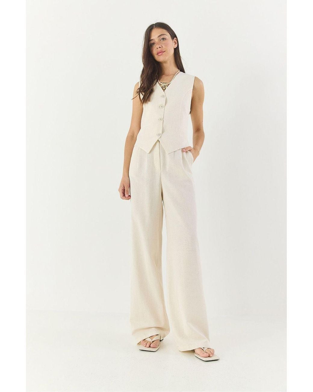 Bianco Lucci Natural V-Neck Vest And Wide Leg Pants Two-Piece Coord Set