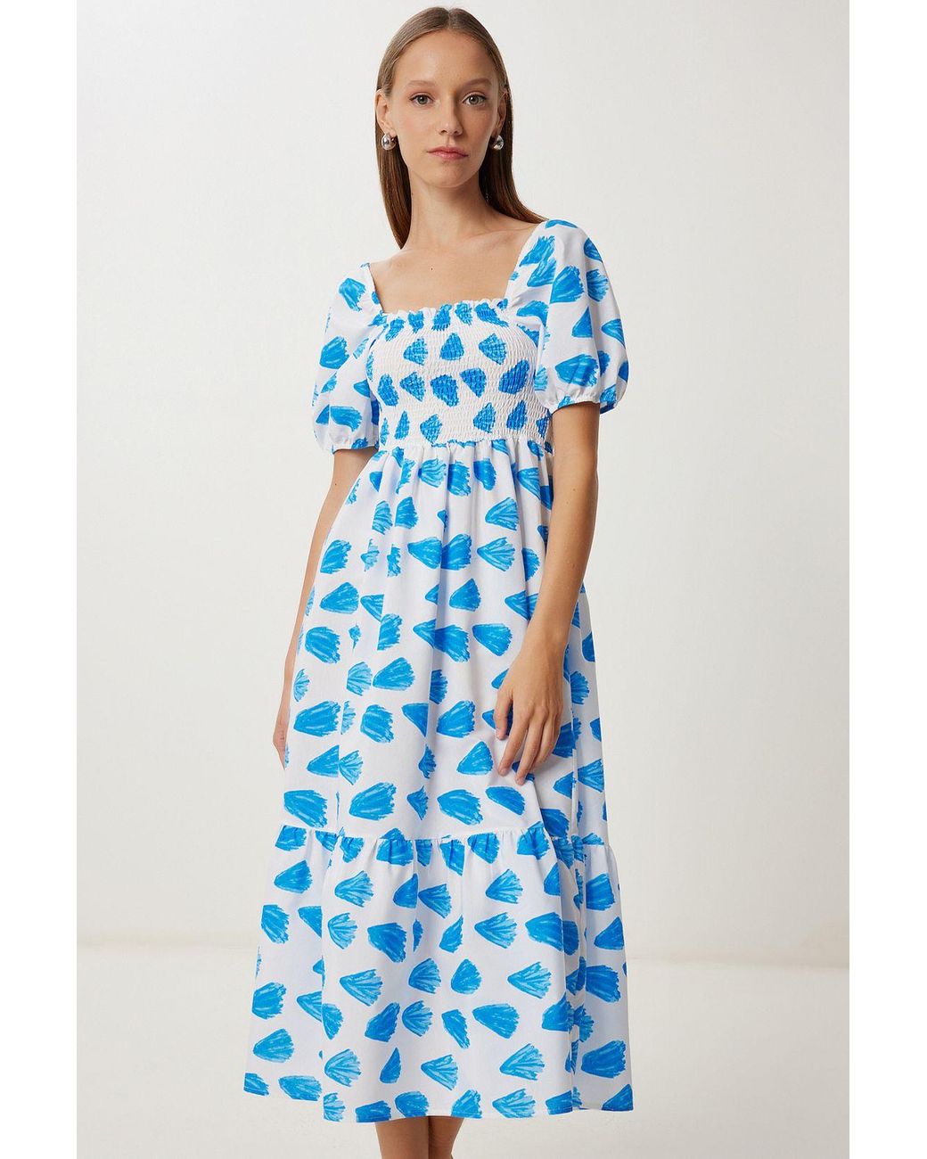 Happiness İstanbul Blue Frilly Abstract Print A-Line Midi Dress With Square Collar