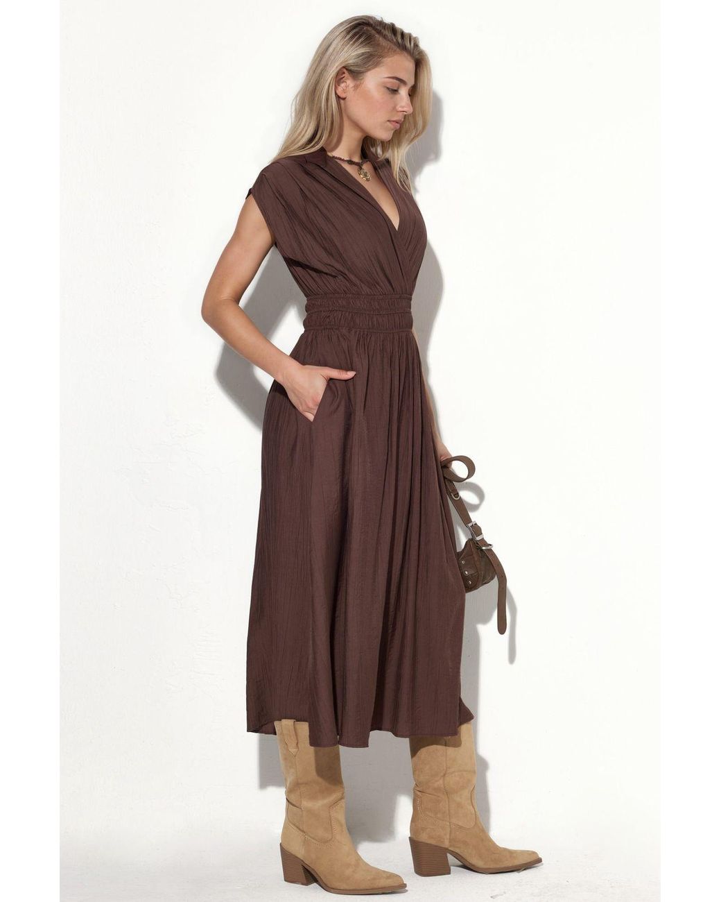 Busem Brown Textured V-Neck Midi Dress