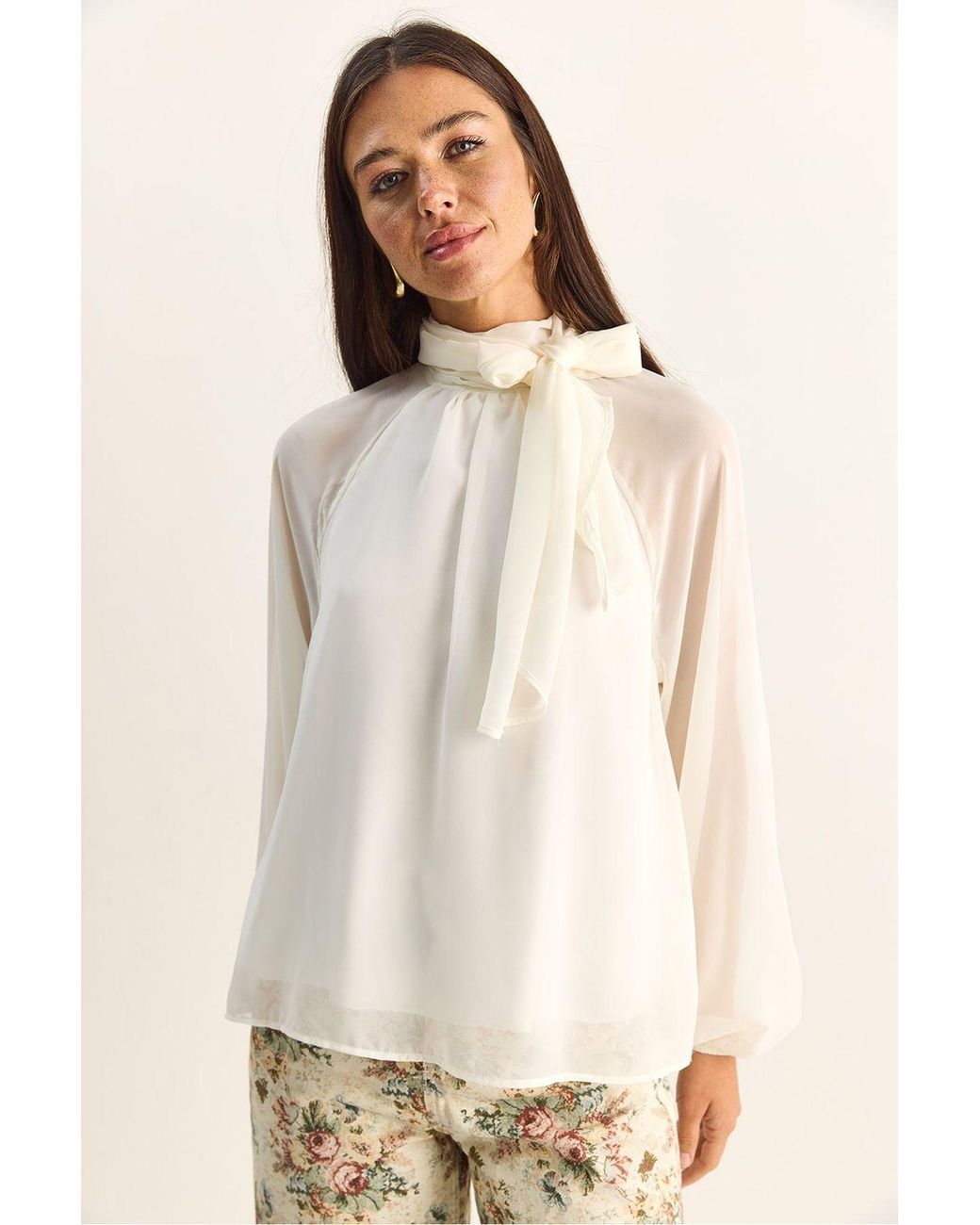 Bianco Lucci Natural Turtleneck Chiffon Blouse
