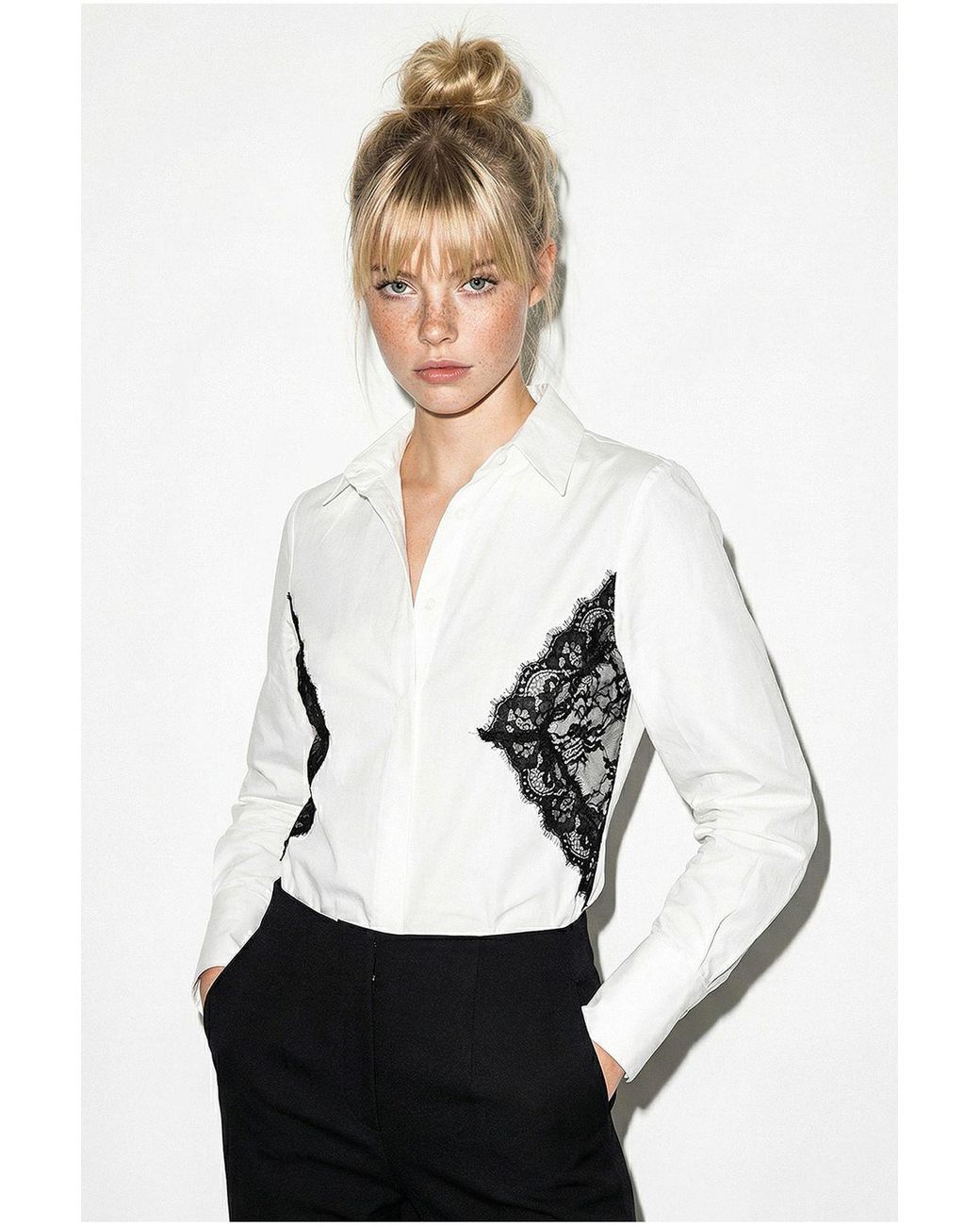 Bianco Lucci White Lace Detail Button-Up Shirt