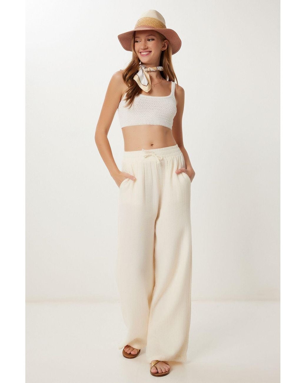 Happiness İstanbul Natural Wide Leg Drawstring Waist Pants With Binding Detail