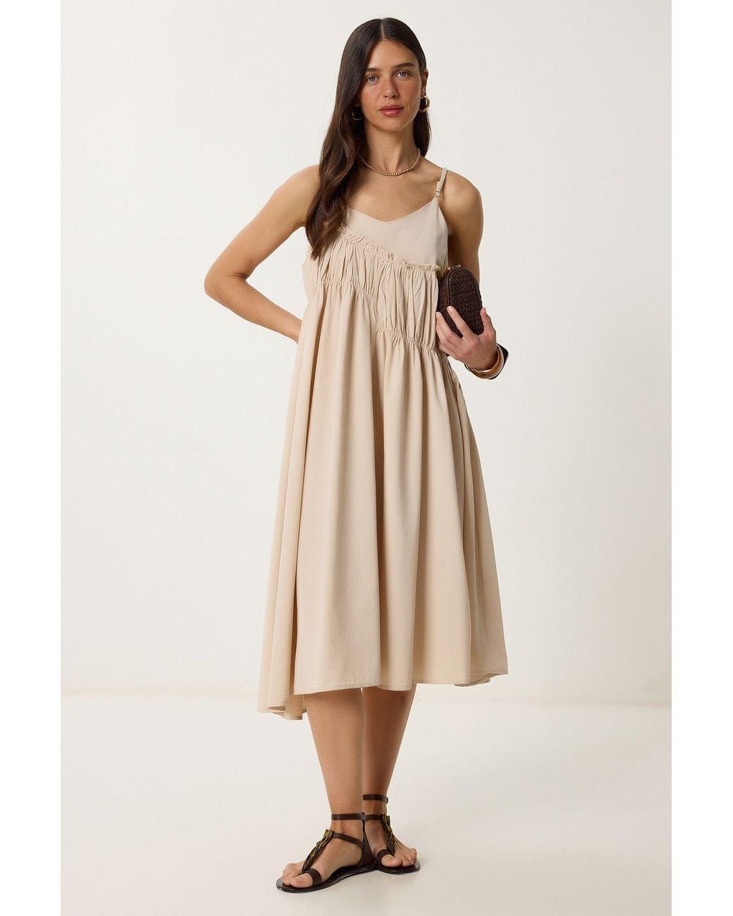 Happiness İstanbul Natural Ruffled U Collar Midi Dress