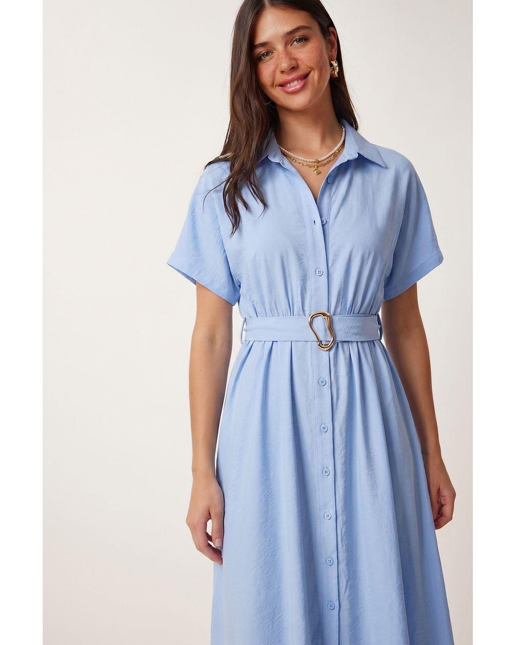 Happiness İstanbul Blue Belted Poplin Shirt Midi Dress