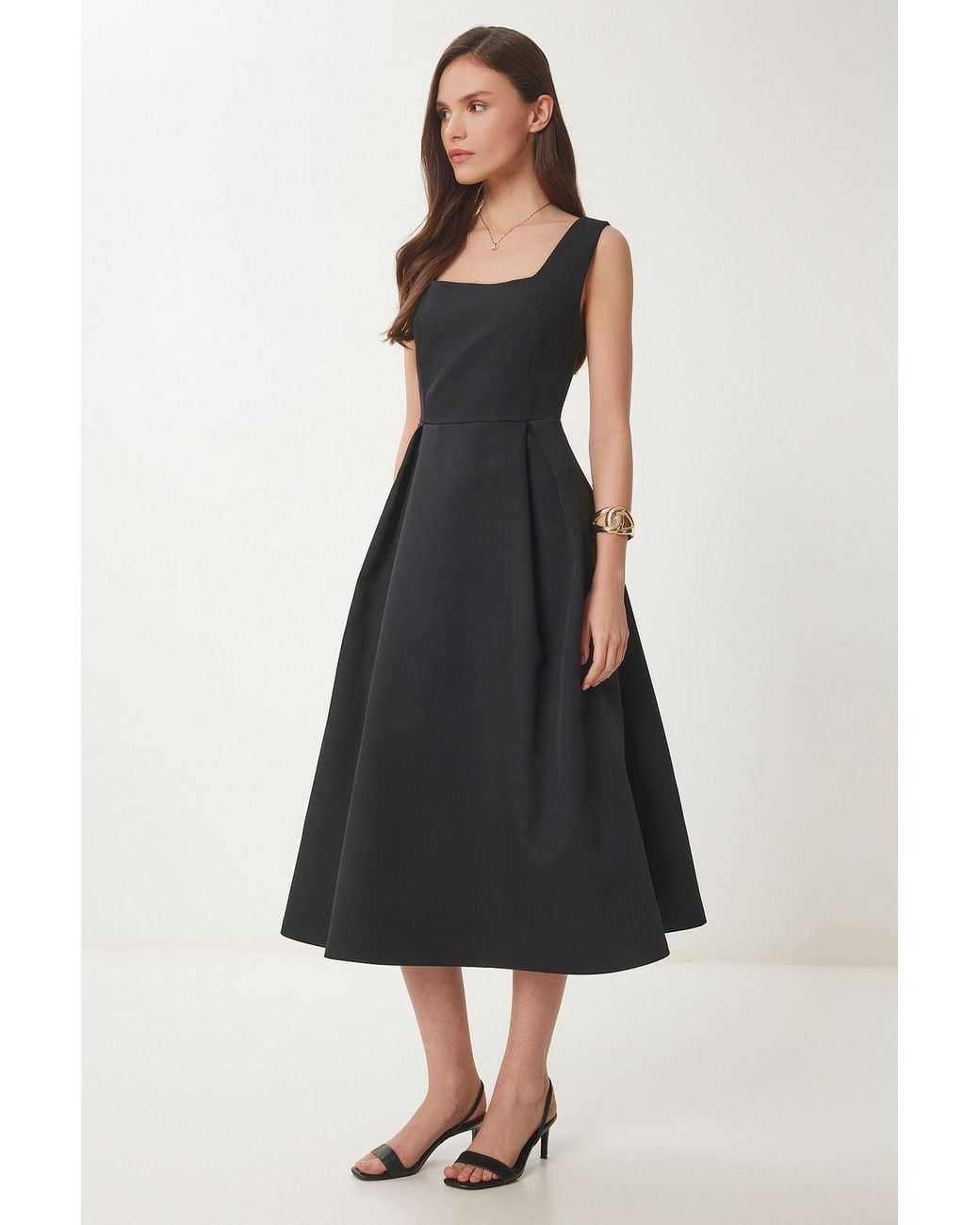 Happiness İstanbul Black Square Collar A-Form Midi Dress With Zipper Closure