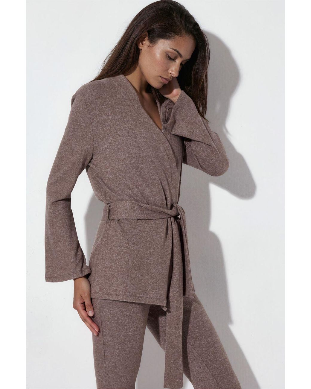 Busem Brown Belted Ribbed Knit Cardigan