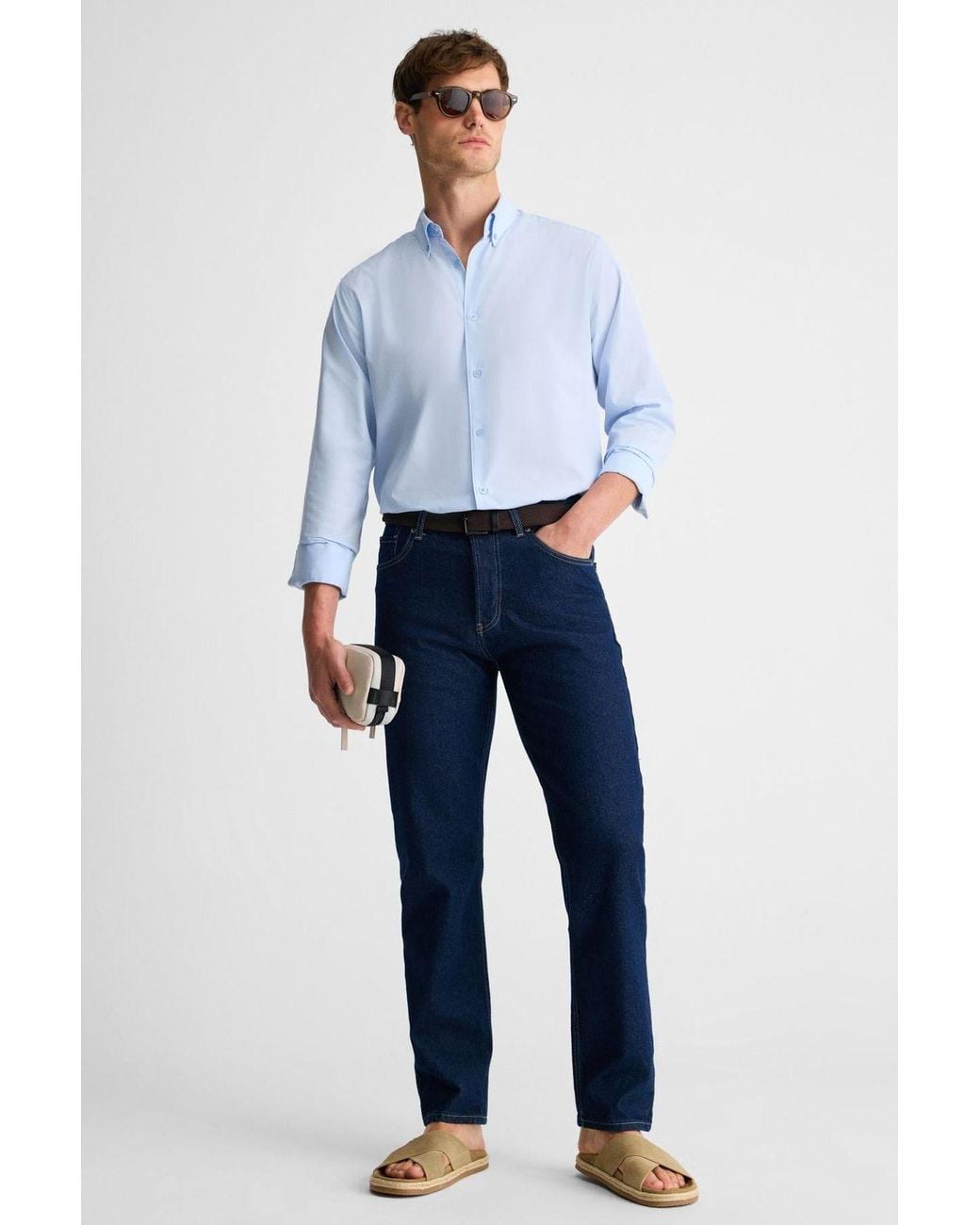 Grimelange Blue Button Collar Poplin Shirt for men