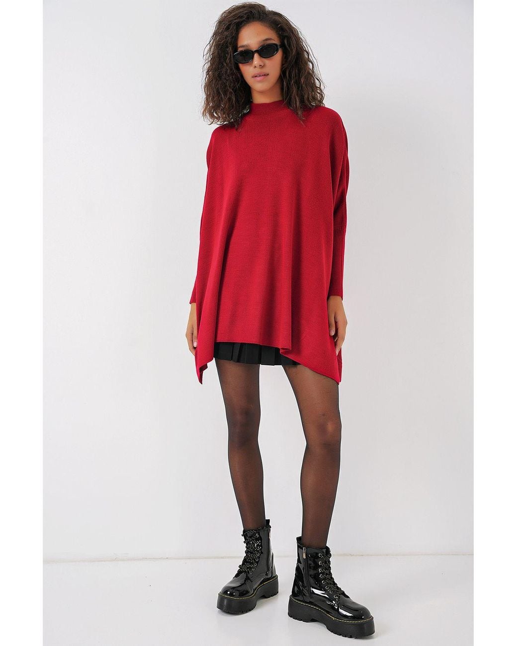 Bigdart Red Slit Detailed Half Turtleneck Loose Sweater
