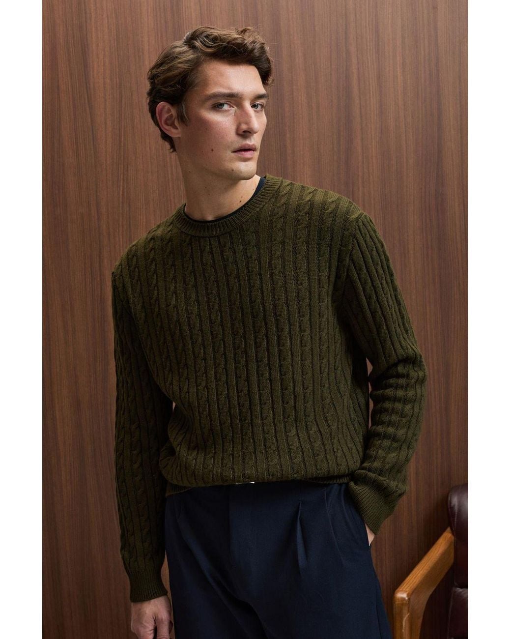 Grimelange Brown Cable Knit Crew Neck Jumper for men