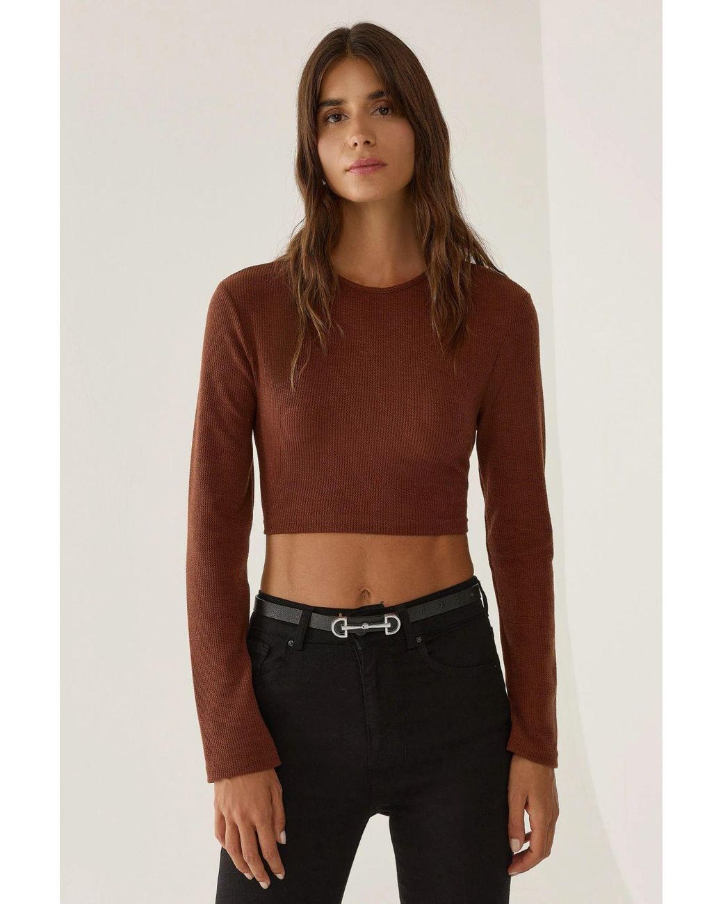 Hiccup Brown Slim Fit Crop Top