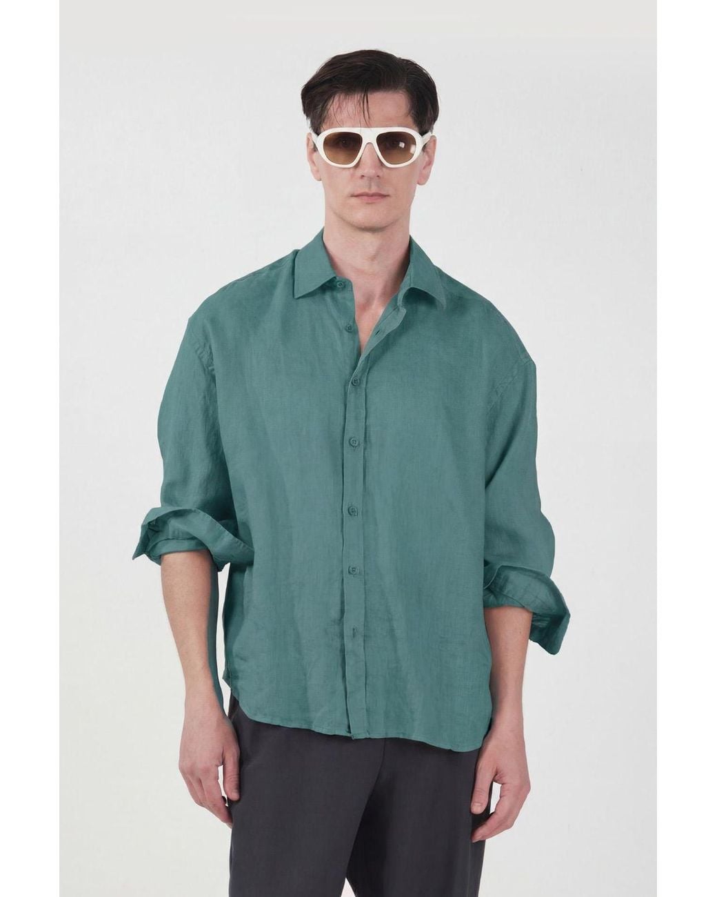 Giesto Green Oversized Linen-Blend Long-Sleeve Shirt for men