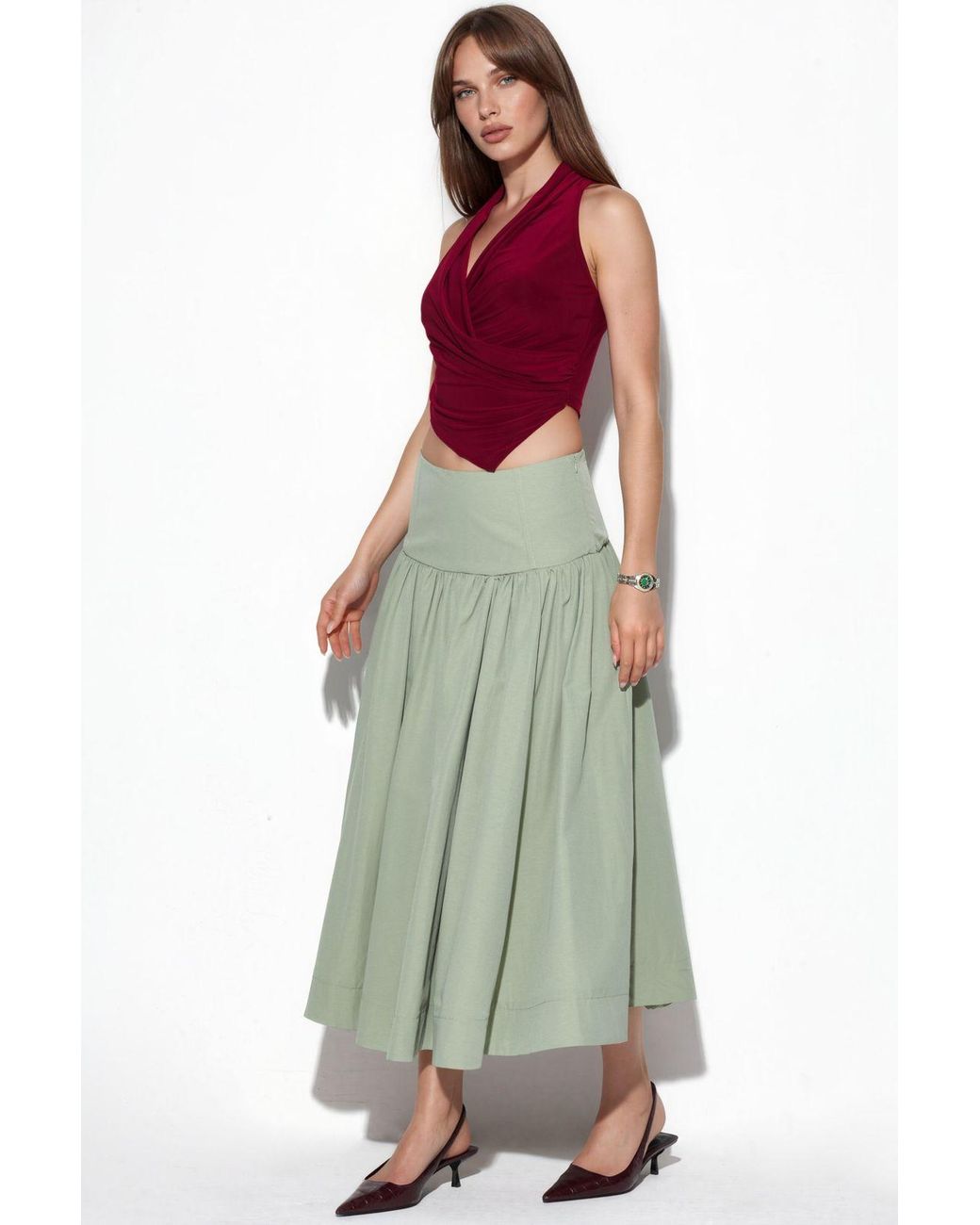 Busem Green High-Waist A-Line Midi Skirt
