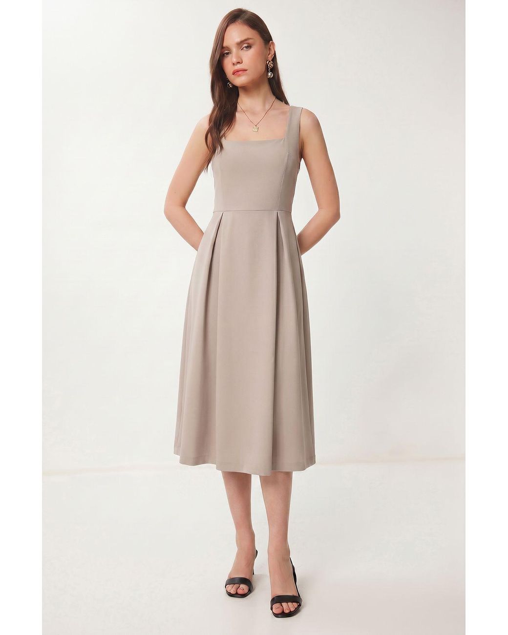 Happiness İstanbul Natural Square Collar A-Form Midi Dress With Zipper Closure