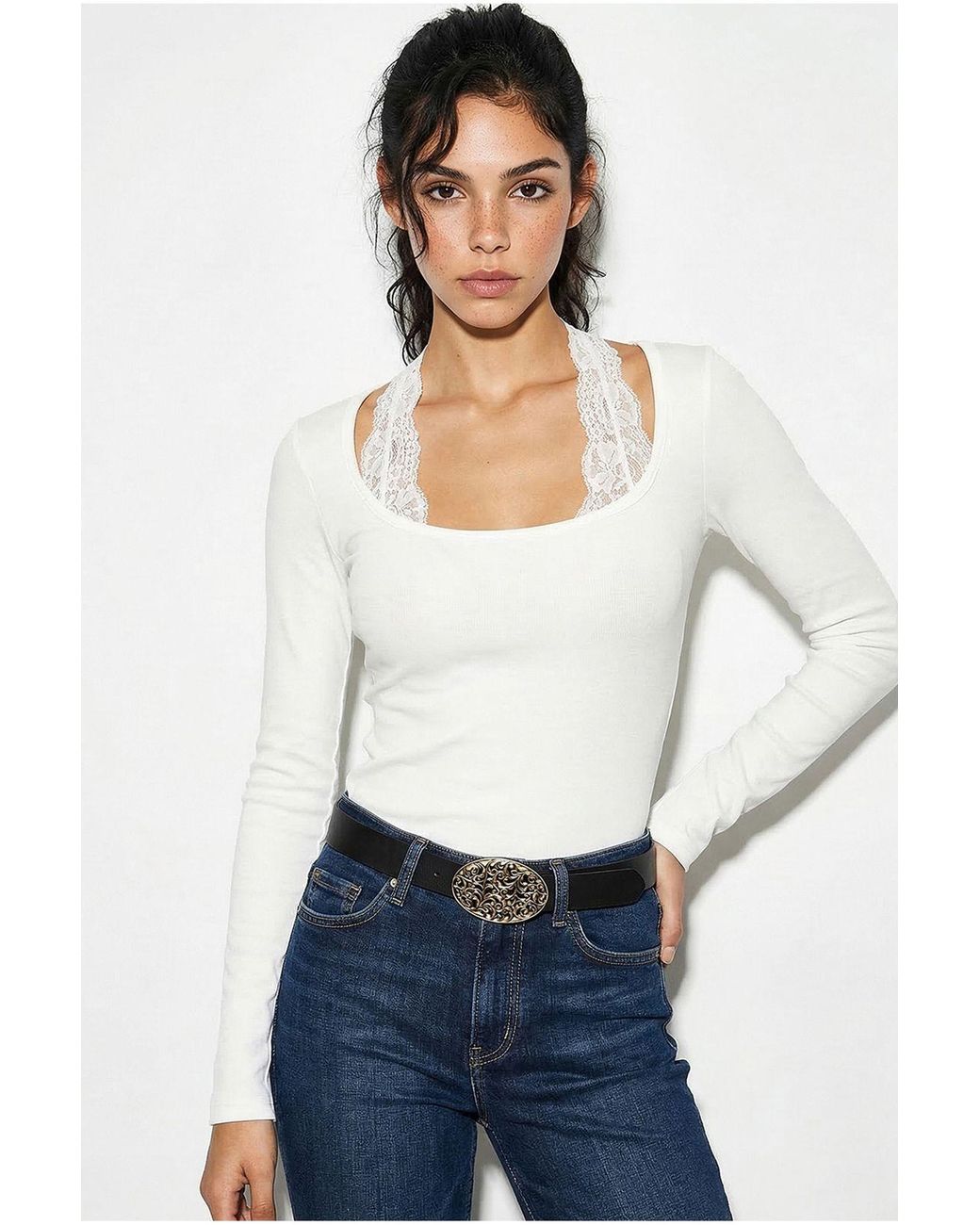 Bianco Lucci White Slim Fit Long Sleeved Square Collar Blouse