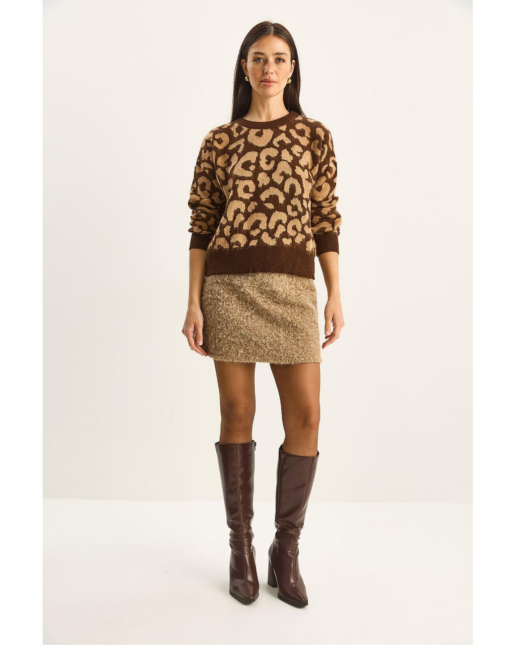 Bianco Lucci Brown Leopard Print Crew Neck Pullover Sweater