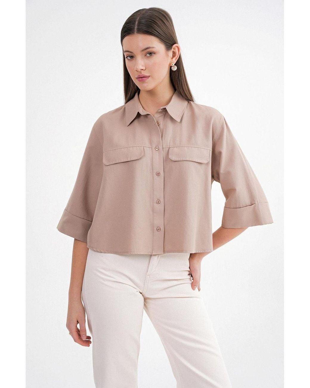 MixRay Natural Short Sleeve Crop Poplin Shirt