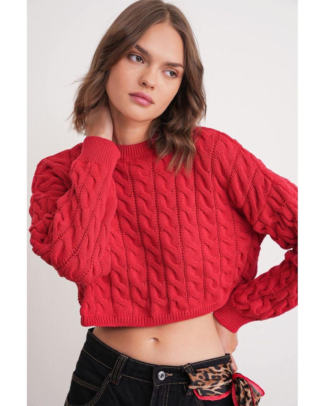 MixRay Red Cable Knit Pattern Crew Neck Sweater