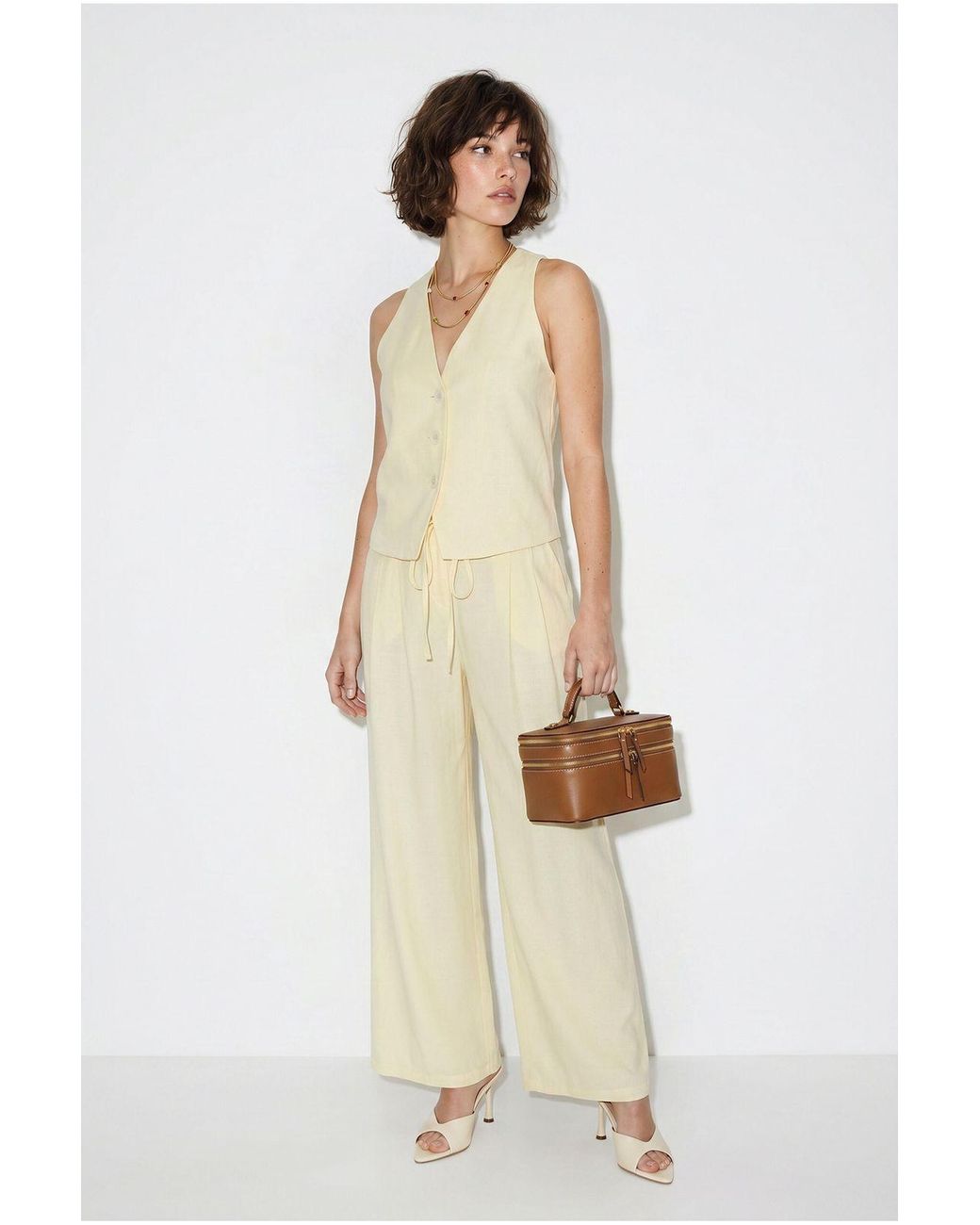 Bianco Lucci Natural Cotton Vest And Wide-Leg Trousers Set