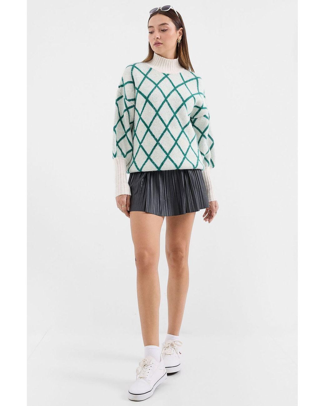 Bigdart Blue Oversized Geometric Pattern Turtleneck Sweater