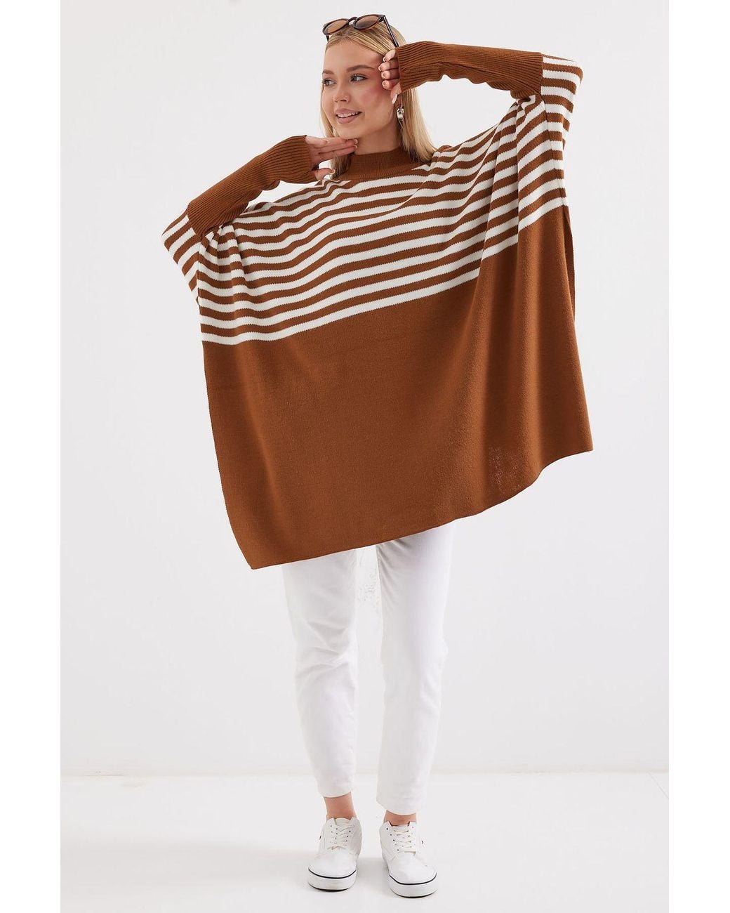 Bigdart Brown Slit Detailed Half Turtleneck Loose Sweater