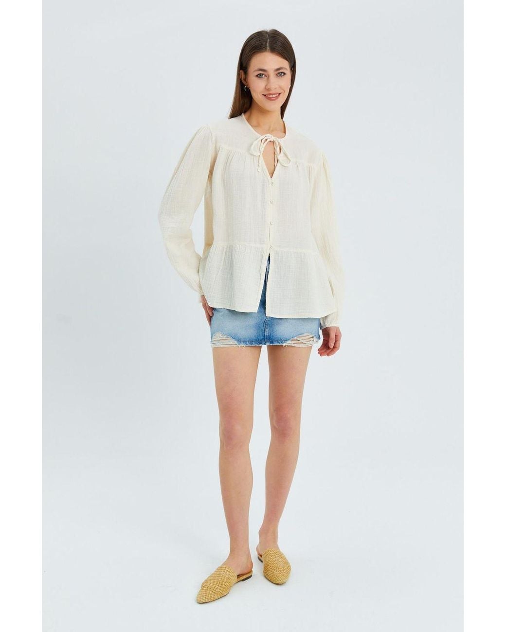 MixRay White Long Sleeve Relaxed Fit Blouse With Tie-Neck