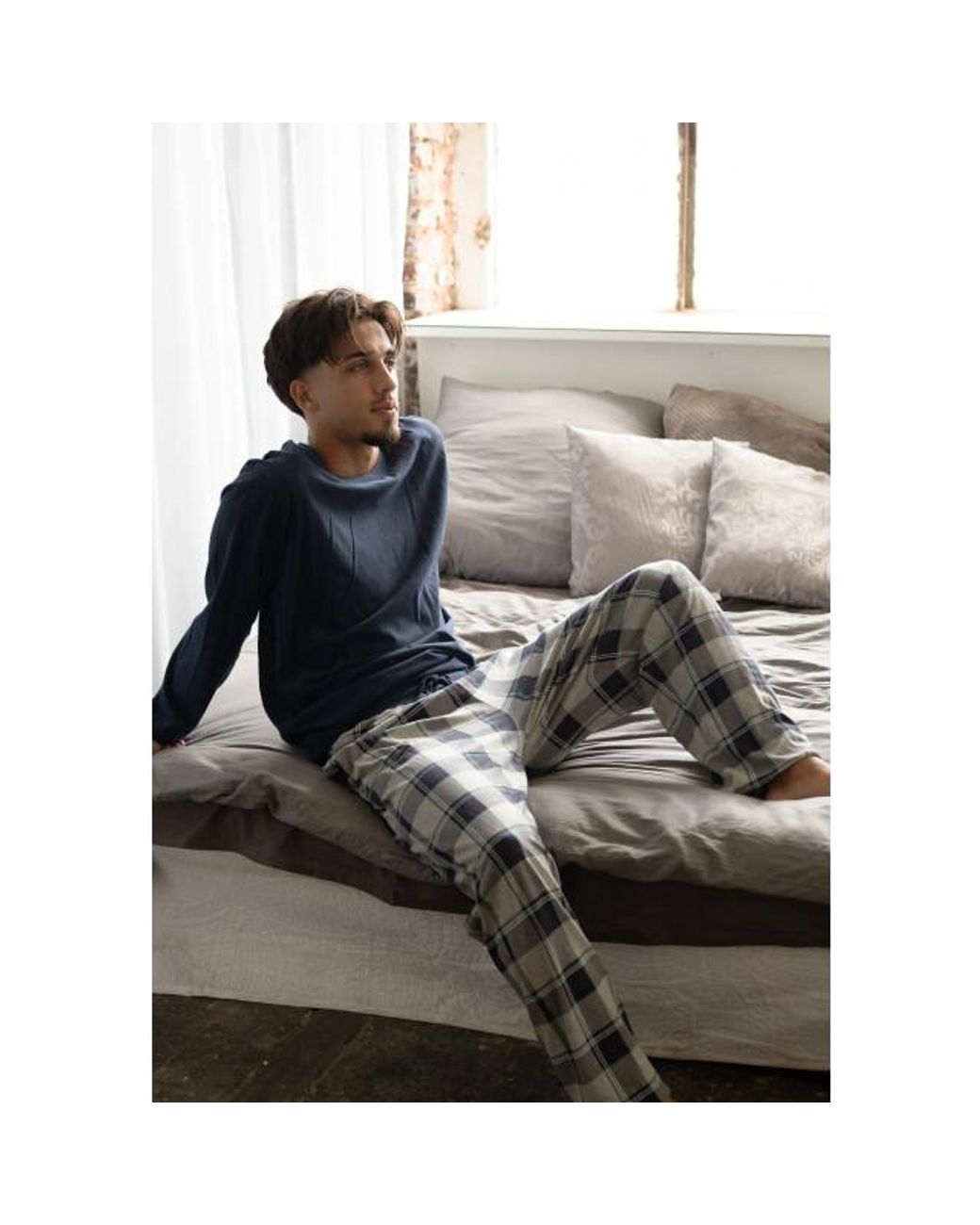 Phil & Co. Berlin Pyjama Set Lang Blauw/Grijs Geruit in het Blue voor heren