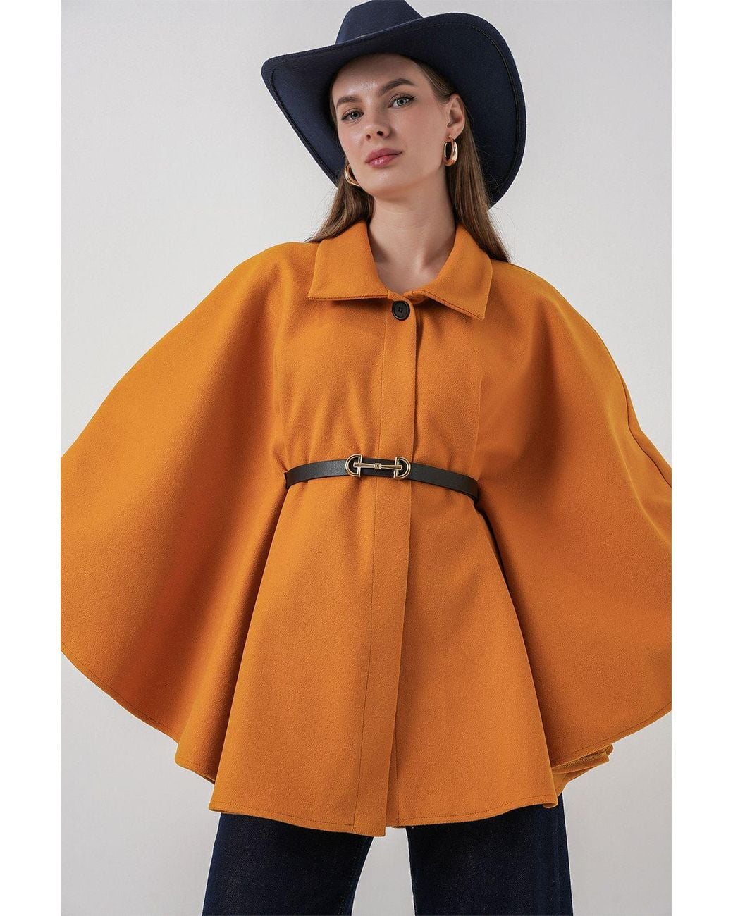 Bigdart Orange Belted Tweed Cape Coat