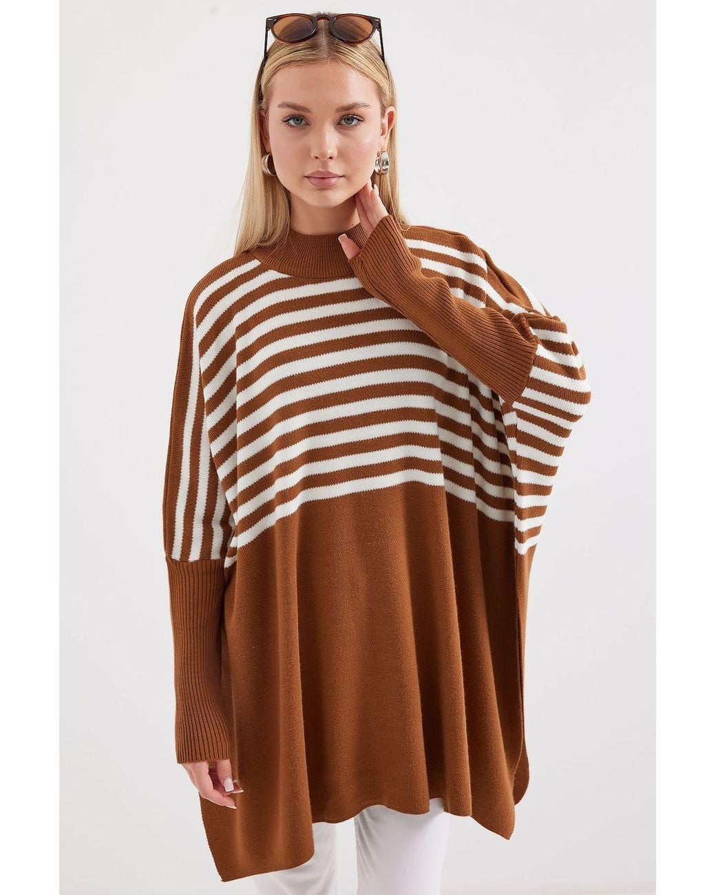 Bigdart Brown Slit Detailed Half Turtleneck Loose Sweater