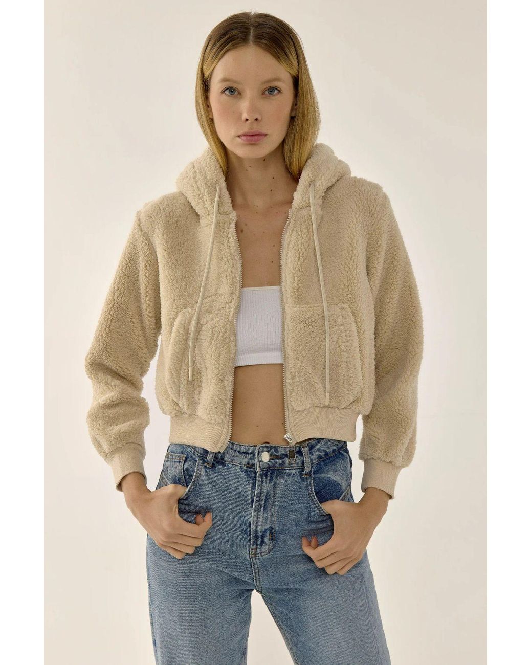 Hiccup Natural Plush Crop Jacket With Zipper Collar