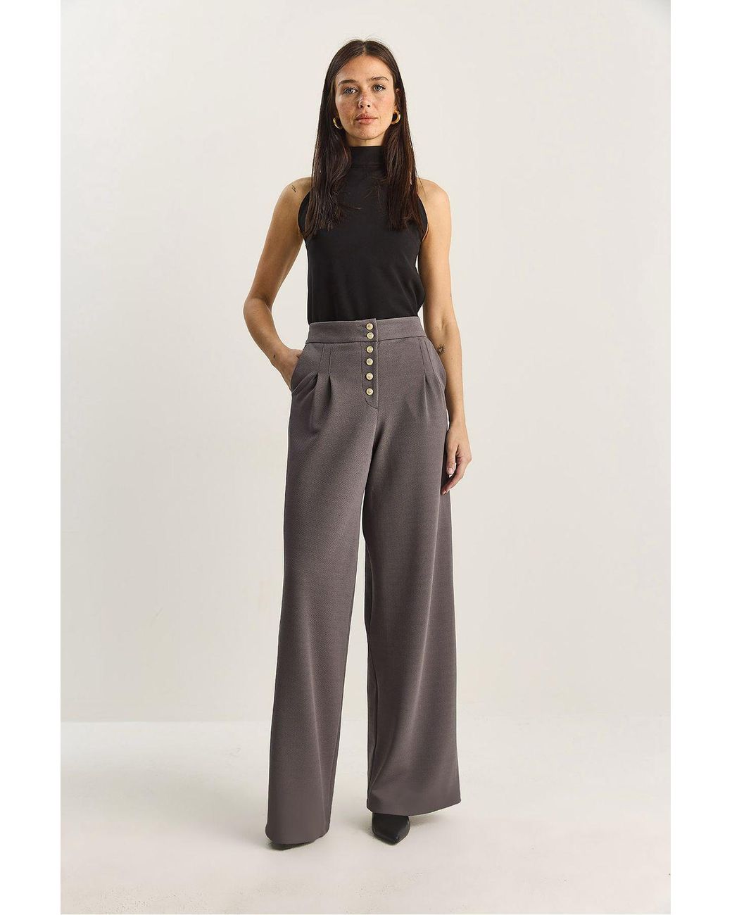 Bianco Lucci Gray High Waist Wide Leg Palazzo Pants